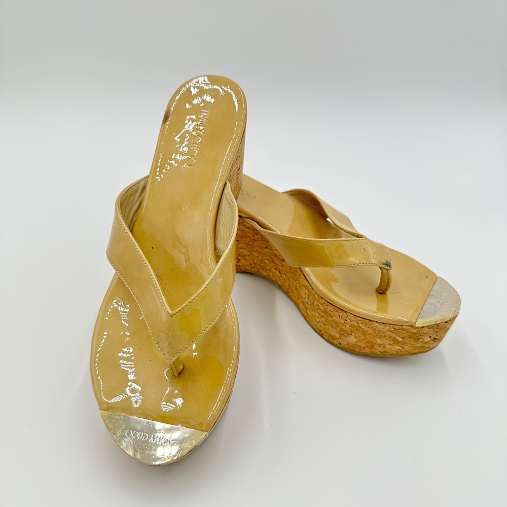 JIMMY CHOO Pathos‎ Patent Leather Cork WEDGES Yellow Women's size 8 EU 38